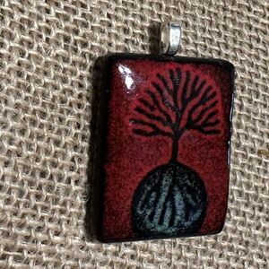 Tree Of Life Black Red Fused Glass Rectangle Necklace Pendant Rock Goth Punk